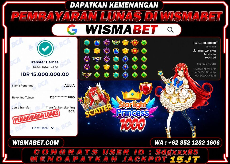 Wismabet - BUKTI KEMENANGAN Starlight Princess 1000x Rp15,000,000,- LUNAS